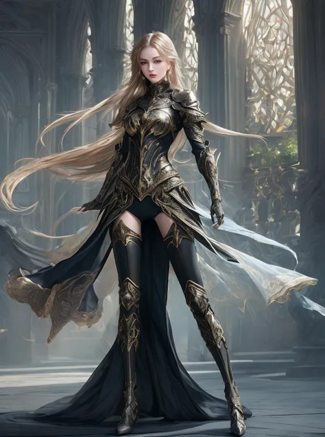 mysterious [girl|woman] in arcane [outfit|armor], long legs, wide stance, [action pose], [pale skin], blurry background, [bokeh]...