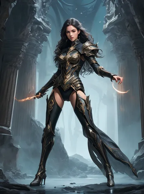 mysterious [girl|woman] in arcane [outfit|armor], long legs, wide stance, action pose, [elevate the quality to a professional le...