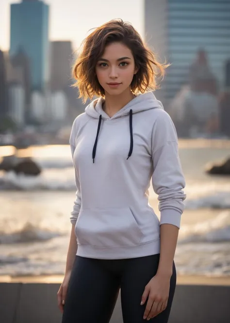 close-up [photo|digital art], beautiful woman, casual shirt, hoodie, leggings standing in front of a city skyline, sunrise, mess...