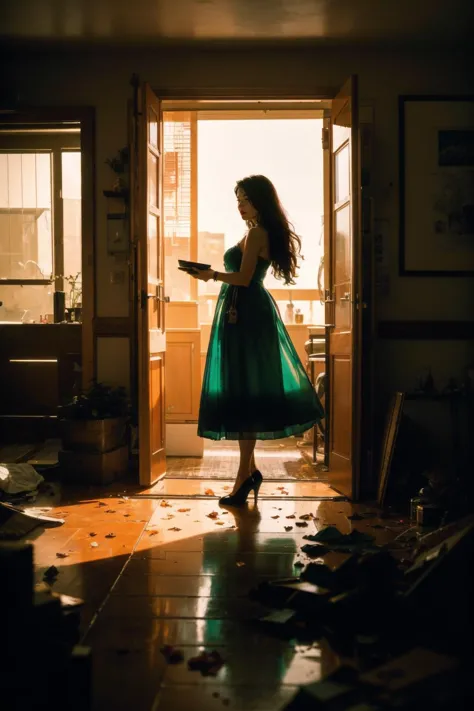 arafed woman in a green dress standing in a doorway