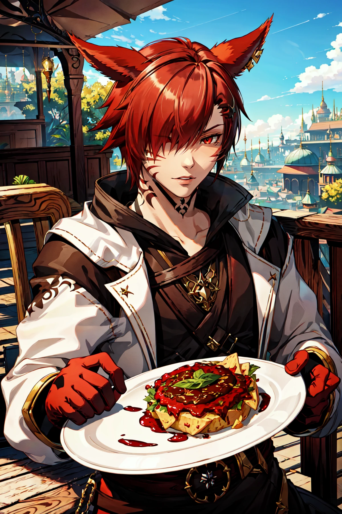 FFXIV Trailer CG, solo, short hair, brown hair, hair ornament, red eyes, 1boy, holding, animal ears, male focus, red hair, outdoors, food, sky, day, cat ears, hair over one eye, tattoo, facial mark, holding food, slit pupils, portrait, androgynous, realistic, miqo'te, cat boy, neck tattoo, G'raha Tia