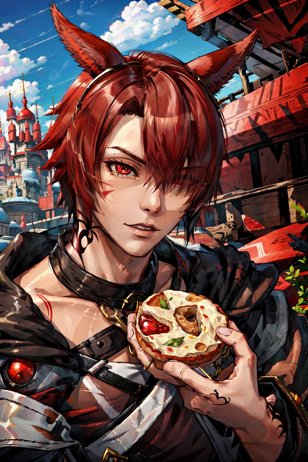 FFXIV Trailer CG, solo, short hair, brown hair, hair ornament, red eyes, 1boy, holding, animal ears, male focus, red hair, outdoors, food, sky, day, cat ears, hair over one eye, tattoo, facial mark, holding food, slit pupils, portrait, androgynous, realistic, miqo'te, cat boy, neck tattoo, G'raha Tia