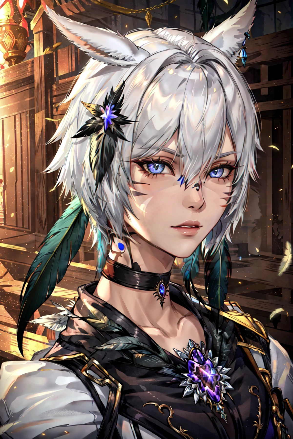 FFXIV Trailer CG, 1girl, solo, looking at viewer, short hair, animal ears, jewelry, closed mouth, white hair, choker, cat ears, lips, grey eyes, tattoo, blurry background, facial mark, feathers, slit pupils, brooch, portrait, feather hair ornament, whisker markings, miqo'te, neck tattoo, Y'shtola Rhul