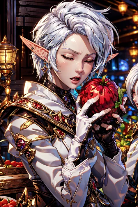 <lora:FFXIV_TrailerCG:0.8> FFXIV Trailer CG, 1girl, solo, short hair, open mouth, gloves, holding, jewelry, closed eyes, white hair, earrings, parted lips, food, pointy ears, fingerless gloves, blurry, fruit, blurry background, holding food, elf, realistic, holding fruit, elezen