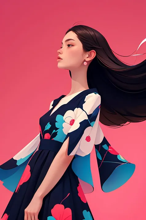 masterpiece, high quality, 1girl, black long hair,pink dress, blue background, J_web_illustration <lora:æå¹³åwebæç»:0.8>