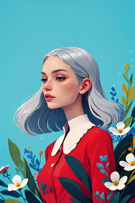 masterpiece, high quality, 1girl, silver hair, red dress,flower, plant,blue background, J_web_illustrationï¼ <lora:æå¹³åweb...