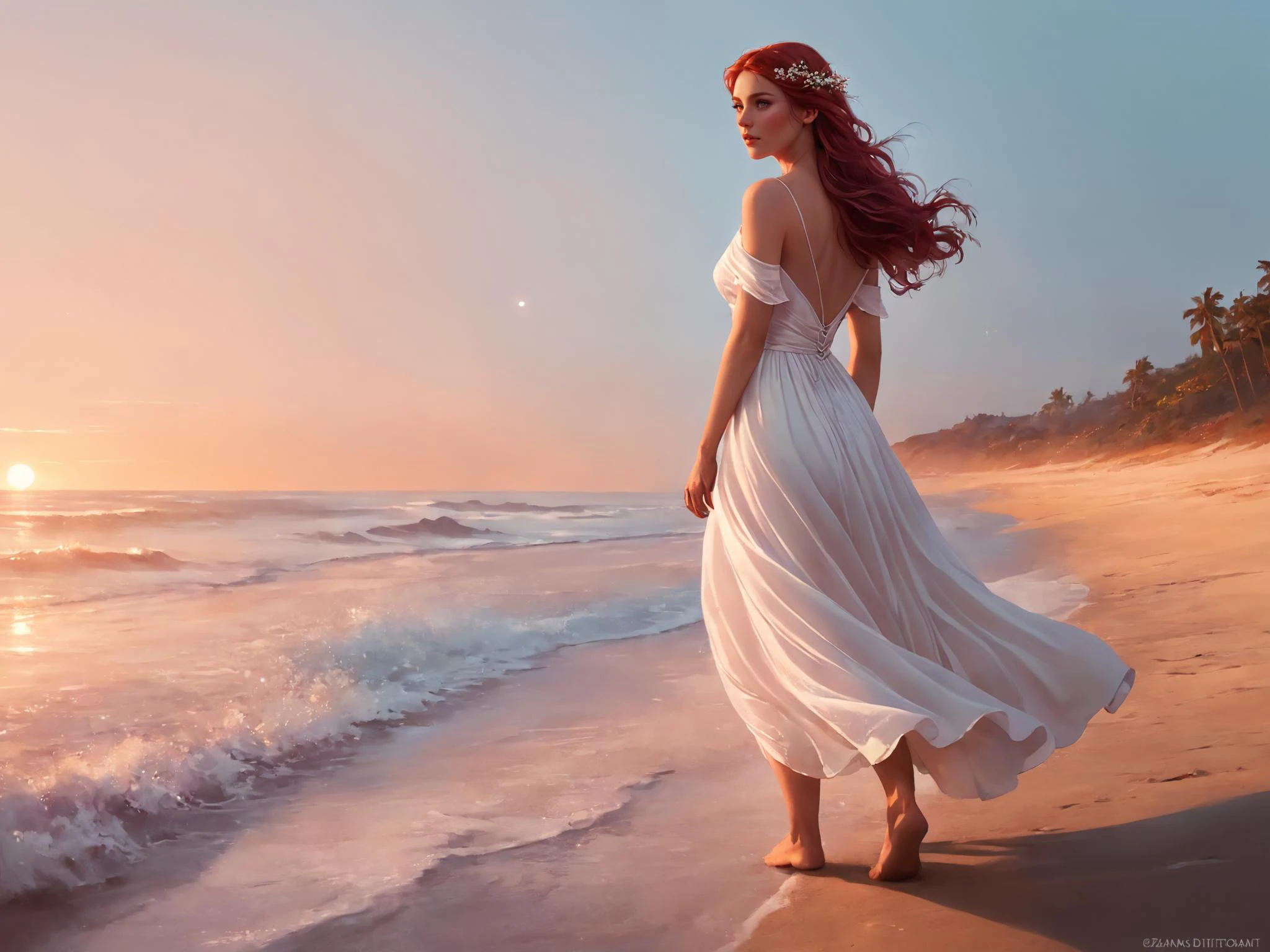 一個女人的幻想數字繪畫, 空灵之美, 渴望地望著天空, 详细的悲伤的眼睛, 穿過海灘, 赤腳, 穿著寬鬆的白色透明連身裙，隨風飄逸, 她頭髮上的花, 橘紅色粉紅色的天空, 側面圖, 夢幻般的氛圍, 沐浴在黃昏的紅光中, 安娜·迪特曼 格雷格·魯特科斯基