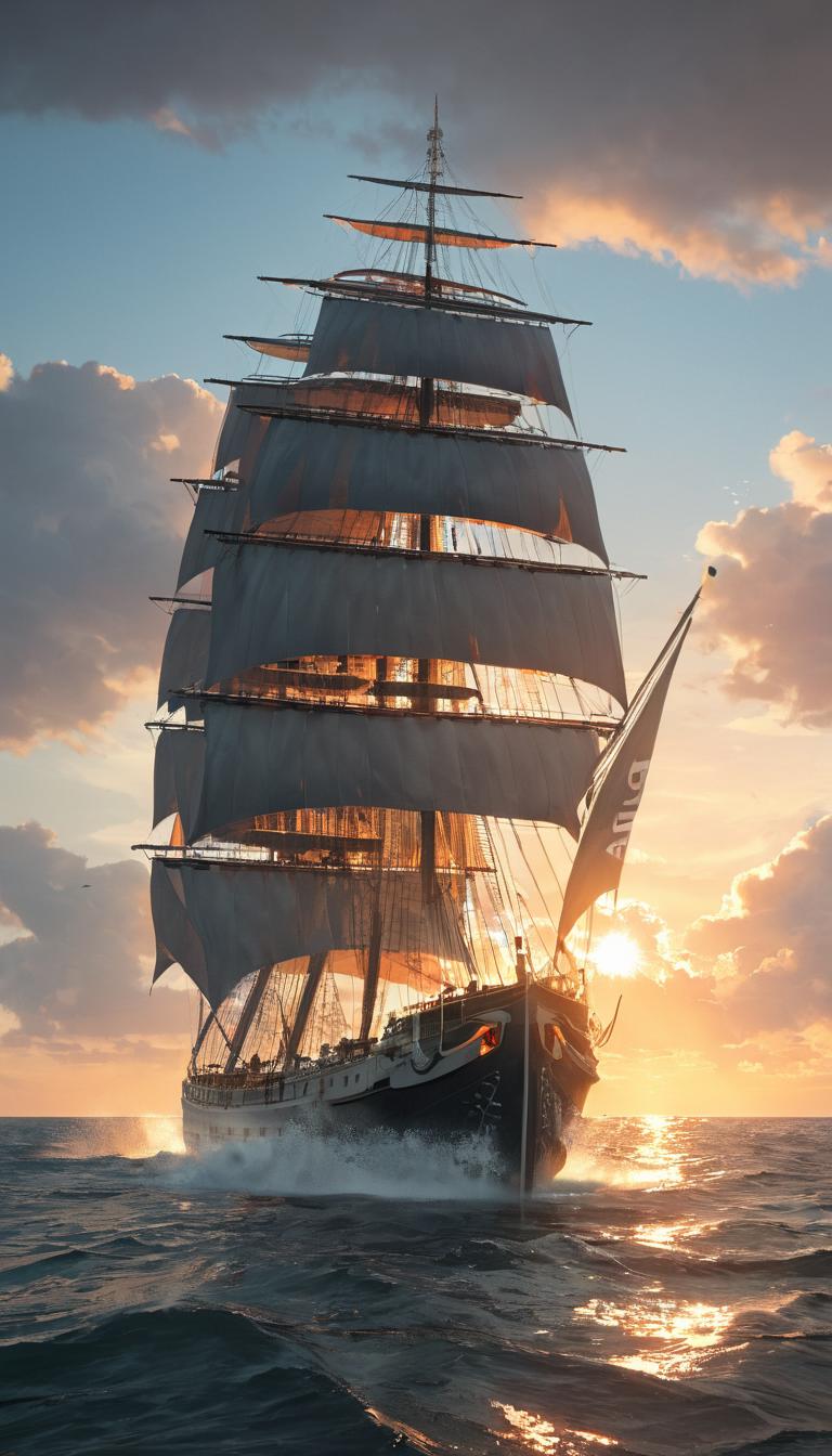 日落时分，海上的阿拉夫帆船，顶部悬挂着一面旗帜- SeaArt AI