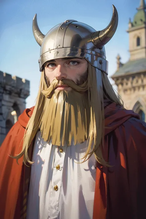 a close up of a man wearing a viking helmet and a long beard