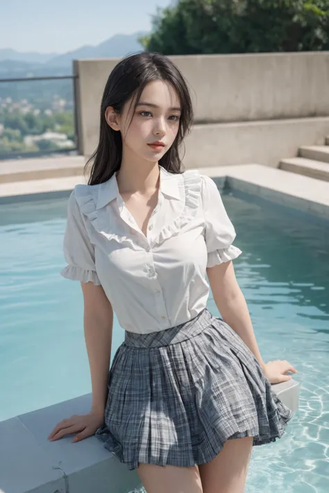 a woman in a skirt standing next to a pool