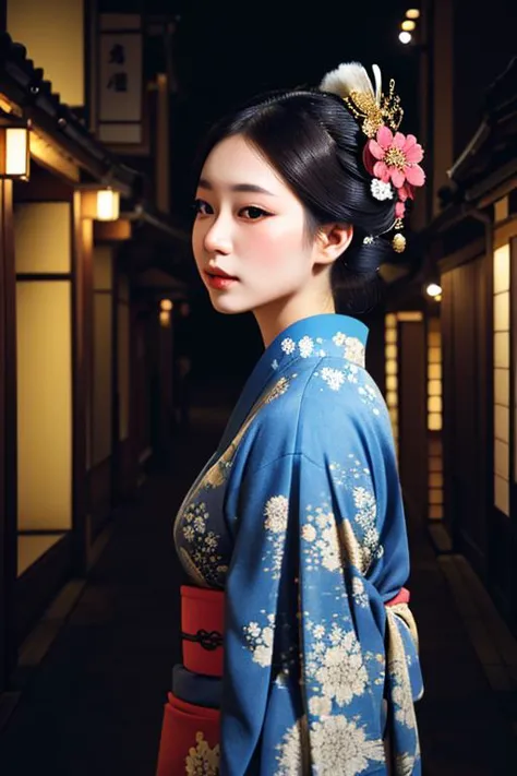 a close up of a woman in a kimono standing in a hallway