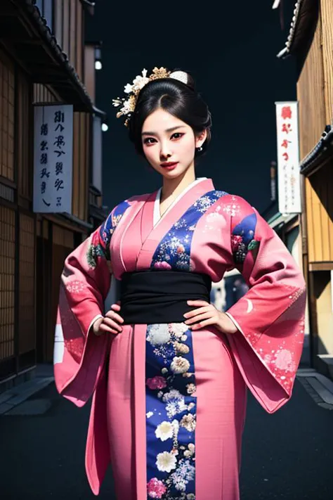 arafed asian woman in a pink kimono standing in a narrow alley