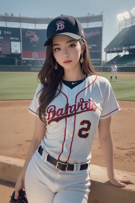 Baseball athletic, a young beautiful baseball batter, blue eyes, blushed, curvy body, small waist, thick thighs, standing Poses,...