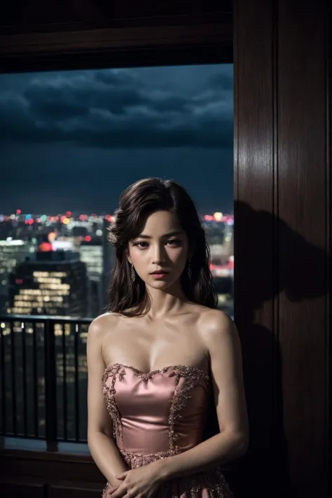 (cowboy shot):1.3), 18 year old, 1girl over rooftop, pretty, sexy, strapless Gawn, high design pastel pink dress, sooth toned, g...