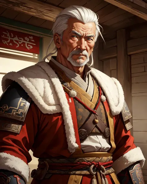 (man,  old welsh male:1.2), wise, hazel eyes, white hair, slick back, portrait, solo, upper body, looking at viewer, detailed background, detailed face, (<lora:MongolPunkAI:0.6>, MongolPunkAI, mongolian  theme:1.1), shogun, red samurai armor,   aggressive expression, samurai crest,  battlefield in background,  cinematic atmosphere,, (masterpiece:1.2, best quality:1.2, high quality, highres:1.1, aesthetic), extremely detailed, ambient lighting,