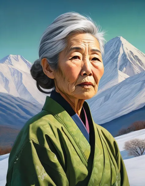 (mature old japanese:1.3) woman, (skindentation:1.3),  (detailed wrinkled face),  (very skinny:1.3), green eyes, gray hair, shor...