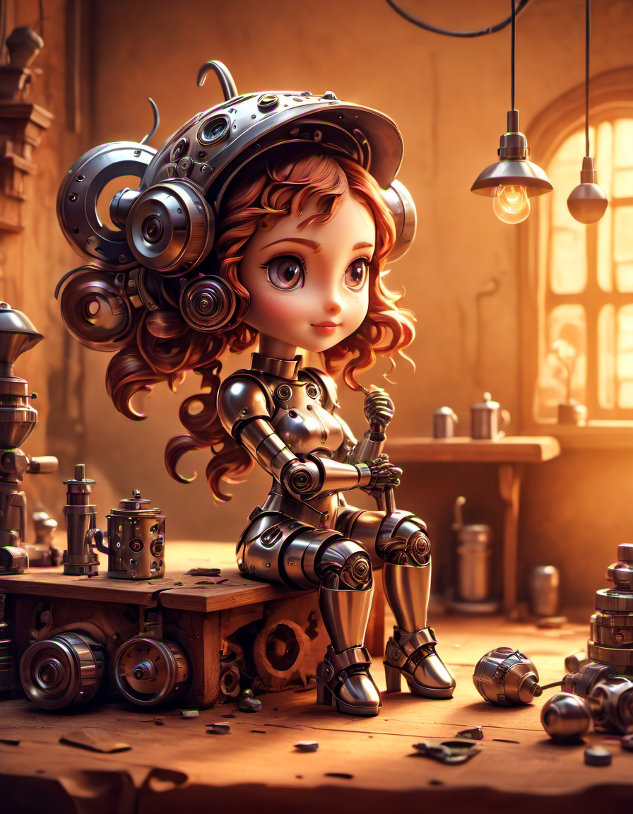 A cartoon girl sitting on a table with a clock and a lot of objects -  SeaArt AI