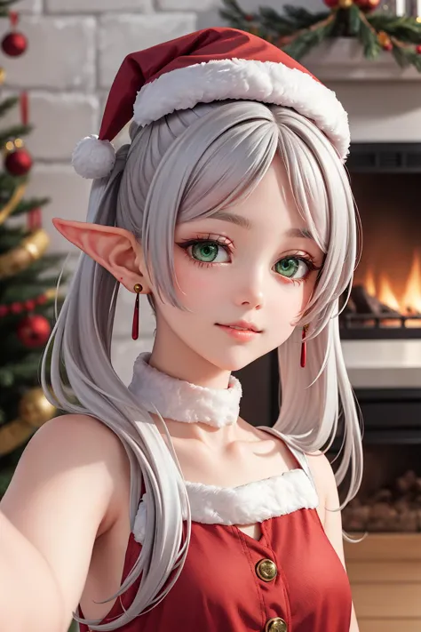 masterpiece, ultra detailed background, best quality, highres, studio lighting,
long hair, white hair, (parted bangs:1.2), twintails, green eyes, pointy ears, earrings, stubby eyebrows, (red dress, red hat), santa dress, (red caplet:1.2),
stylish pose, upper body, expressionless, (closed lips, closed mouth:1.3), smile,
indoors, wood house, fireplace, Christmas tree, 
(face to camera, looking at camera:1.2), 
aafrie,
