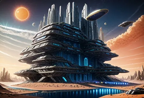 Uma cidade futurista no deserto, palácios de ficção científica, condomínios futuristas, um sol gigante no céu, horizonte do futuro, detalhe absurdo, ultra detalhado, alta qualidade, obra de arte