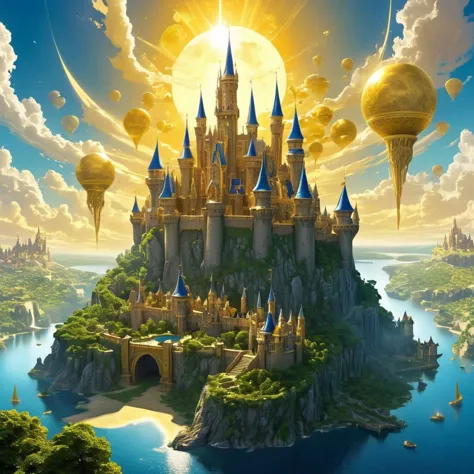 a gigantic magical kingdom, a castle in the center of the kingdom, golden lighting, fantasy architecture, two suns, some small f...