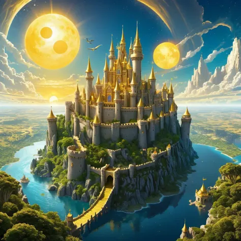 a gigantic magical kingdom, a castle in the center of the kingdom, golden lighting, fantasy architecture, two suns, some small f...