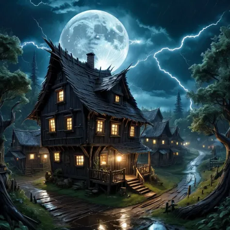 a dark village, wooden fantasy architecture, small shabby homes, one giant moon in the sky, forests around the village, lightnin...