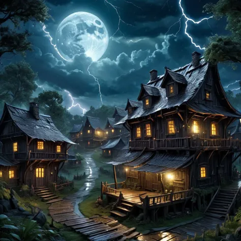 a dark village, wooden fantasy architecture, shabby homes, one giant moon in the sky, forests around the village, lightning, rai...