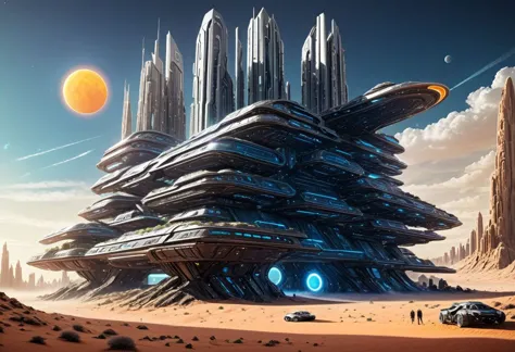 Una ciudad futurista en el desierto, palacios de ciencia ficción, condominios futuristas, un sol gigante en el cielo, horizontefuturo, detalle absurdo, ultra detallado, alta calidad, obra maestra