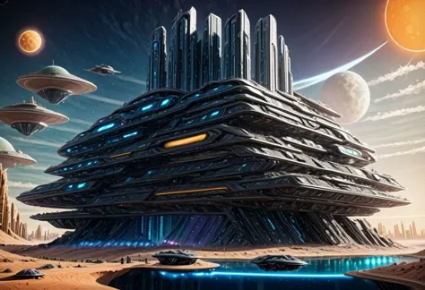 Uma cidade futurista no deserto, palácios de ficção científica, condomínios futuristas, um sol gigante no céu, horizonte do futuro, detalhe absurdo, ultra detalhado, alta qualidade, obra de arte