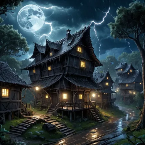 a dark village, wooden fantasy architecture, shabby homes, one giant moon in the sky, forests around the village, lightning, rai...