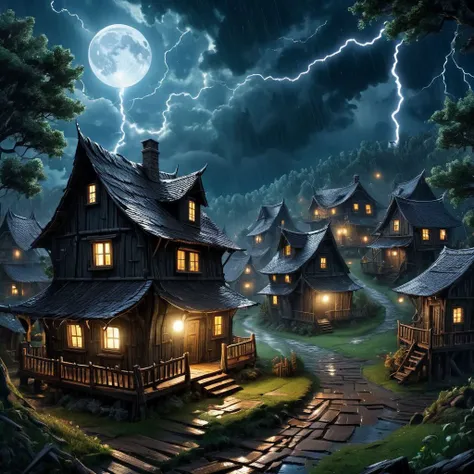 a dark village, wooden fantasy architecture, small shabby homes, one giant moon in the sky, forests around the village, lightnin...