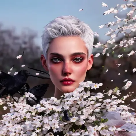 lr_rbn style, face focus, centered, sexy woman, short hair, pixie haircut, white hair, flowers, birds, crow, white trees at dist...