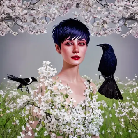 lr_rbn style, face focus, centered, sexy woman, short hair, pixie haircut, white hair, flowers, birds, crow, white trees at dist...