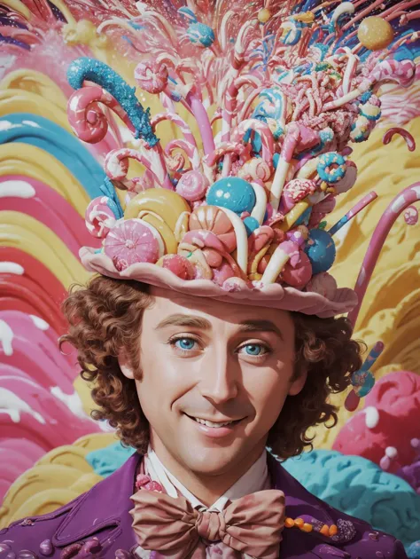 A vibrant stylized modern art of CandyLandAI [cloudport::10] smiling Willy Wonka in an explosion of candy, raining sprinkles, dr...
