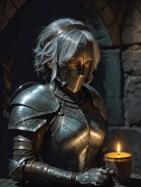 a woman in armor holding a candle in a dark room