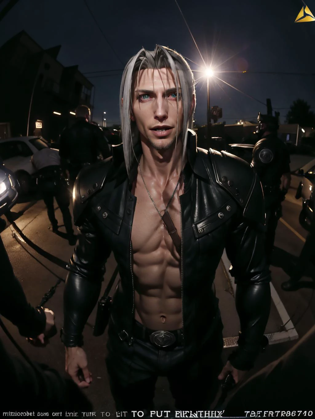 Grainy fisheye police bodycam footage of skinny drunk FF7R Sephiroth being confronted for public indecency and just generally being an edgy weirdo, at a trailer park somewhere in Florida.
fcPortrait, highres, high resolution, detailed,
