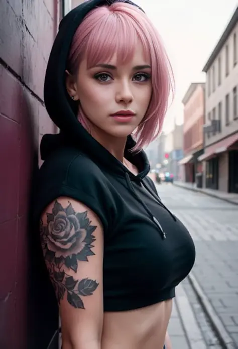 women, hoodie, arm tattoo, portrait, asymmetrical bangs, bandaid, short hair, bangs, breasts, freckles, grey eyes, large breasts, looking at viewer, neck tattoo, nose piercing, pink hair, solo, tattoo on face, upper body, detailed background, town, alley,, photorealistic, photo, masterpiece, realistic, realism, photorealism, high contrast, photorealistic digital art trending on Artstation 8k HD high definition detailed realistic, detailed, skin texture, hyper detailed, realistic skin texture, armature, best quality, ultra high res, (photorealistic:1.4),, high resolution, detailed, raw photo, sharp re, by lee jeffries nikon d850 film stock photograph 4 kodak portra 400 camera f1.6 lens rich colors hyper realistic lifelike texture dramatic lighting unrealengine trending on artstation cinestill 800,