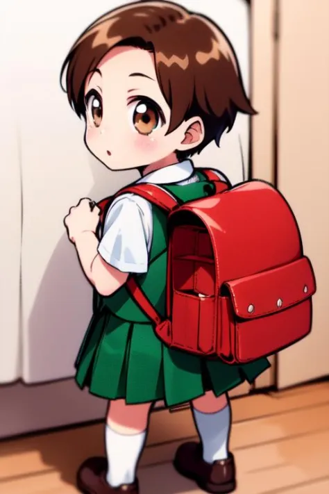 <lora:rokujoumugi:0.8>rokujoumugi, 1girl, solo, backpack, brown hair, bag, brown eyes, short hair, chibi, school uniform, skirt,...