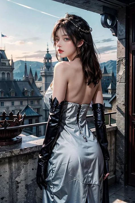 woman in silver dress and black gloves standing on balcony overlooking city