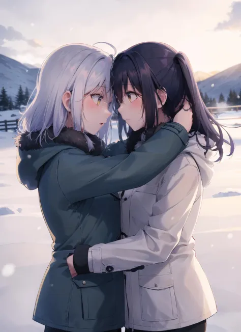 forehead-to-forehead, 2girls, yuri, outdoors, cloudy,  jacket, snow, snowing,    <lora:forehead-to-forehead_v1:0.8>