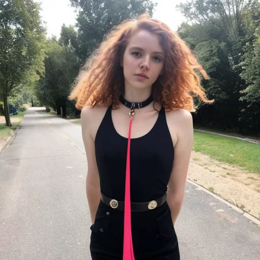 photo of a leashed redhead curly hair woman walking, collar, perfect face, masterpiece, perfect lighting, incredible detail, full body