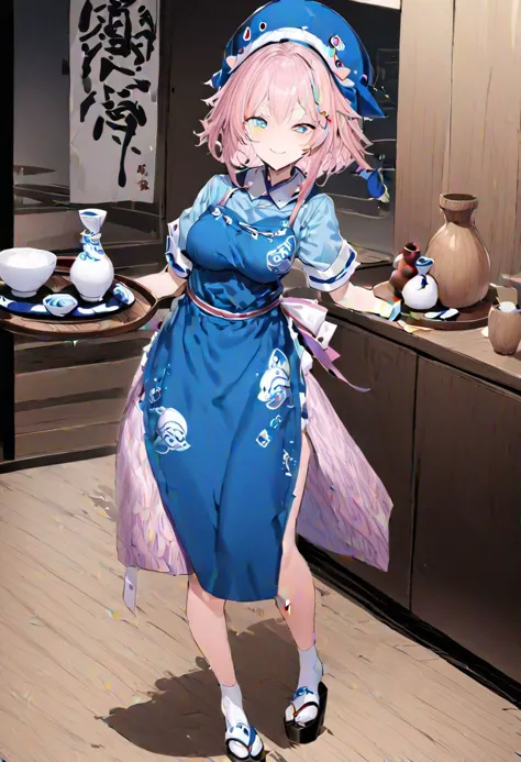 anime character dressed in blue dress and hat in kitchen