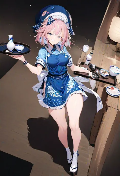 anime girl in blue dress holding a tray of tea and teapots