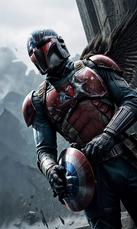 Illustration du corps entier extrêmement détaillée et ultra réaliste de Captain America en tant que Mandalorien, son casque conservant le design ailé A de son masque classique, s’harmonise parfaitement avec le casque traditionnel Mandalorian T - à visière. Le reflet du casque capture l’intensité de la scène de bataille qui l’entoure. Il tient son bouclier emblématique, qui présente maintenant un mélange d’esthétique de vibranium et d’acier beskar, reflétant le monde qui l’entoure dans sa surface polie. Sa posture est vigilante et prête au combat. La toile de fond est un, Champ de bataille rempli de fumée sous un ciel couvert, comme s’il était rendu par Unreal Engine 5, donnant un sentiment tangible de danger imminent et d’enjeux élevés. Cette pièce porte une influence d’anime car elle s’inspire du modèle Niji, Ajout d’un côté stylisé à l’hyper-réalisme. Orientation portrait avec un rapport de 9: 16 complète la composition épique., 