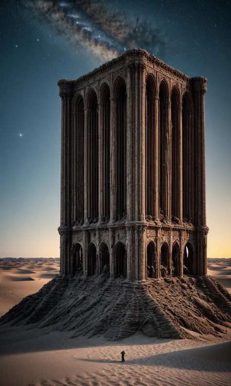 Weathered explorer comes across gigantic 1000 ft tall eldritch ruin monuments remnants amongst the dunes of ominous desert, wond...