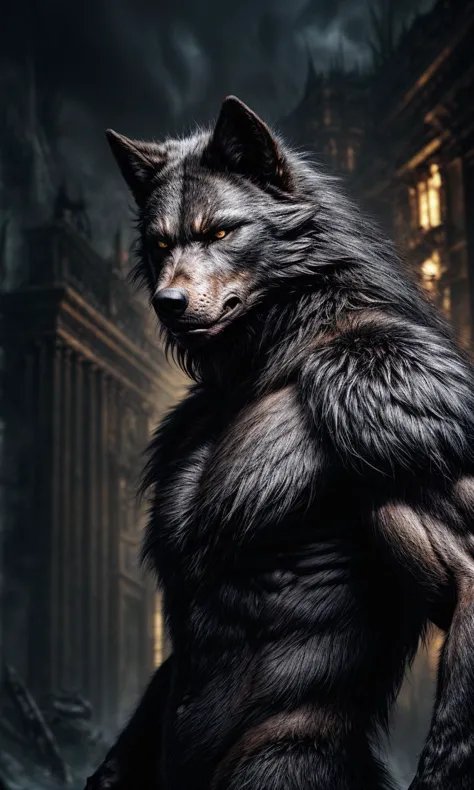 1 homme, pose dynamique de loup-garou des enfers, ultra grand angle, au point, fond épique sombre, conception de fourrure dorée, hyper détails, art de l&#39;éclairage, Cinématique, détails fous, détails complexes, hyperdétaillé, Goth, fractale, plan sombre, PAUSE PAUSE 