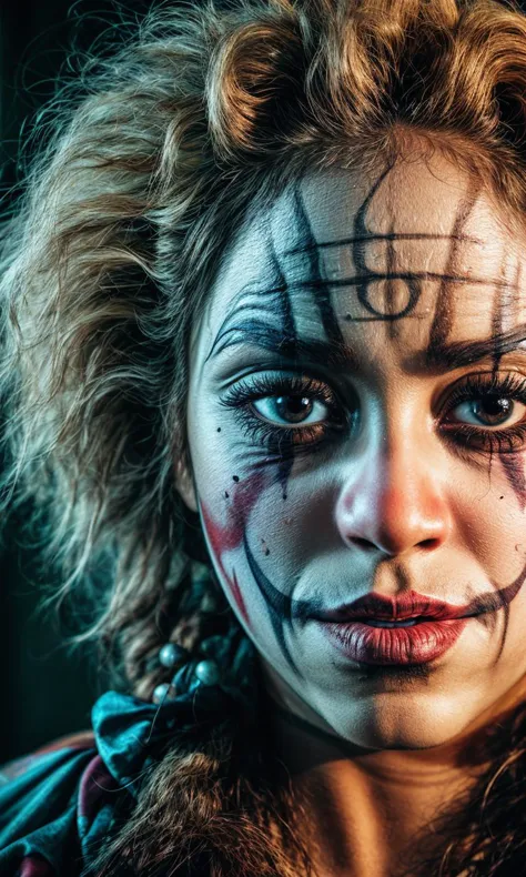 Fermer of a scary Shakira [(maquillage de clown:1.3):6] clown cyberpunk sur fond de cirque, un portrait de personnage BREAK BREAK des tons apaisants, couleurs sourdes, Séance photo Vogue,Photographie d&#39;un, fond brumeux,enfumé,ambiance apocalyptique,50mm,photo de film,esthétique instantanée,Fermer,grain de film,photo instagram,seulement,centré,vintage photo with grain de film