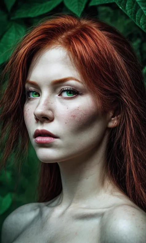 Closep photo portrait of Poison Ivy, frontal view, atmospheric scene, masterpiece, best quality, (detailed beautiful face, detai...