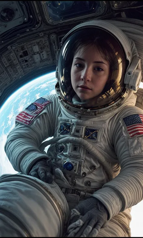 American Women 30 years old, (best quality:1.3), (masterpiece:1.3), (detailed:1.2), 8K, space station scene, an astronaut floating gracefully inside the International Space Station, surrounded by a multitude of high-tech equipment and instruments, (soft:1.4) diffused lighting with gentle reflections of sunlight off the space station's surfaces, (close-up:1.3) shot style focusing on the astronaut's face and upper body, (realistic art style:1.2) with meticulous attention to detail on the spacesuit, highlighting the texture and functionality of each component. The astronaut's visor reflects the vastness of space, creating a sense of awe and wonder. With a peaceful expression on her face, she gazes out into the endless expanse, witnessing the Earth below and the stars above. The image captures the solitude, beauty, and scientific exploration that encompass the experience of being an astronaut in space,(full body:1.3), BREAK <lora:difConsistency_photo:0.5>, BREAK <lora:difConsistency_detail:0.8>