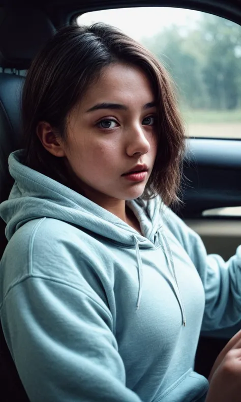 RAW photo, a 22-year-old-girl, upper body, selfie in a car, blue hoodie, inside a car, driving, (lipstick:0.7), soft lighting, h...